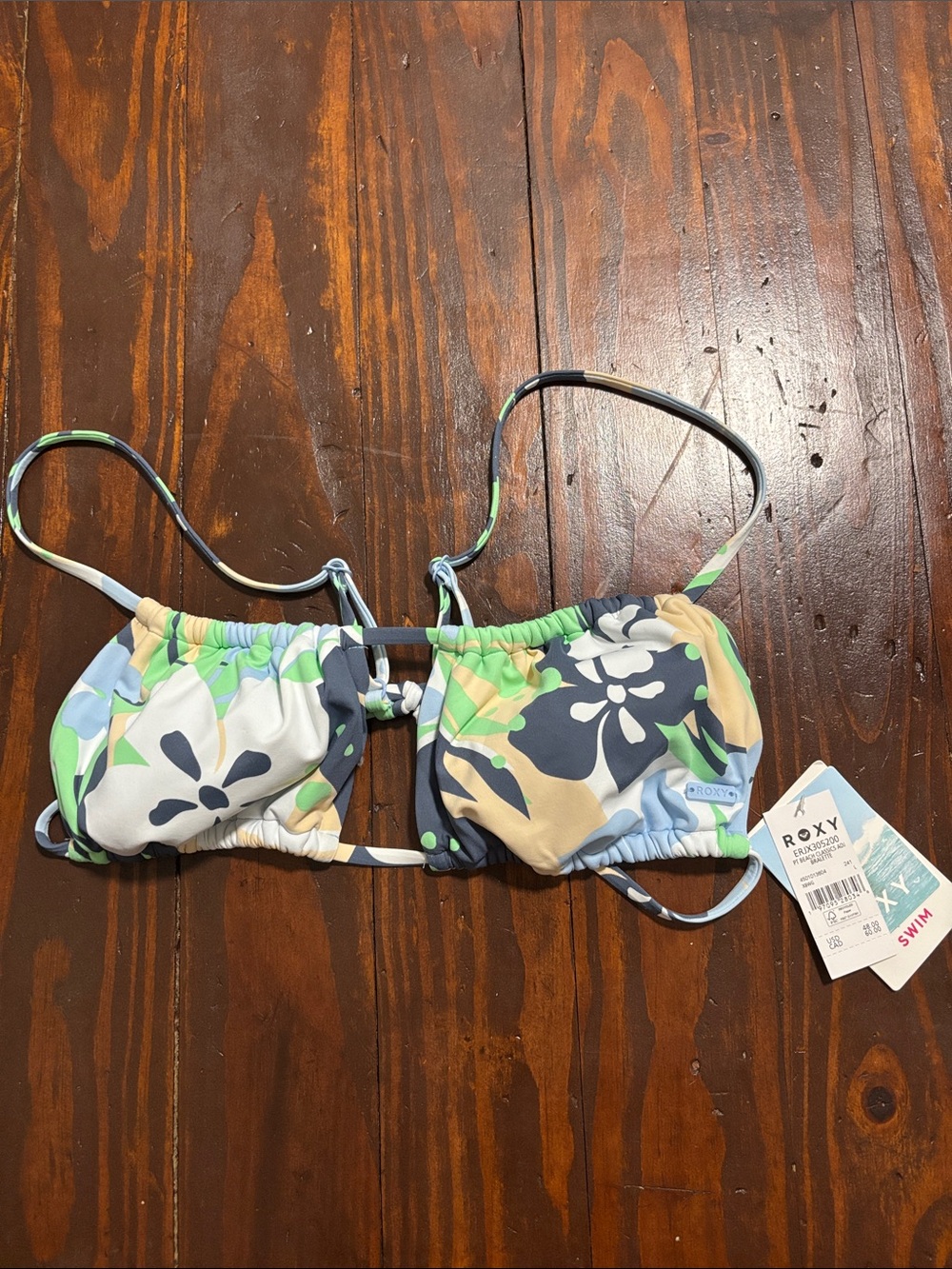 Roxy Floral Bandeau Bikini Top - Blue Green Cream Navy